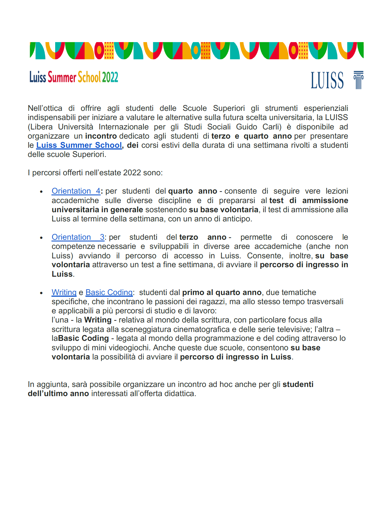 LUISS SUMMER SCHOOL E ORIENTAMENTO