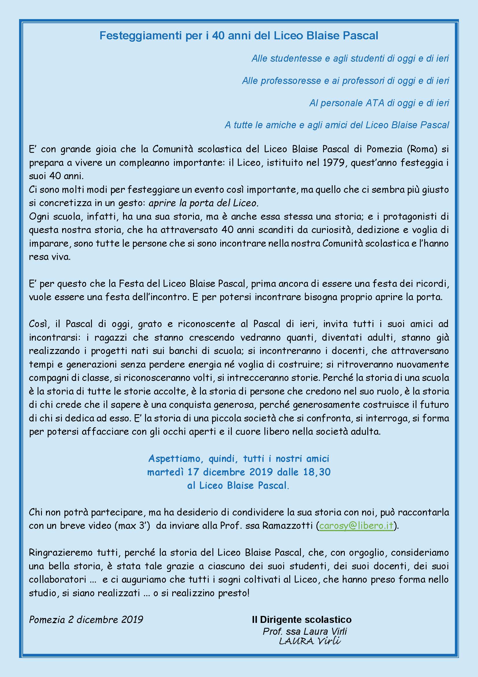 Invito per Festeggiamenti per i 40 anni del Liceo Blaise Pascal di Pomezia1